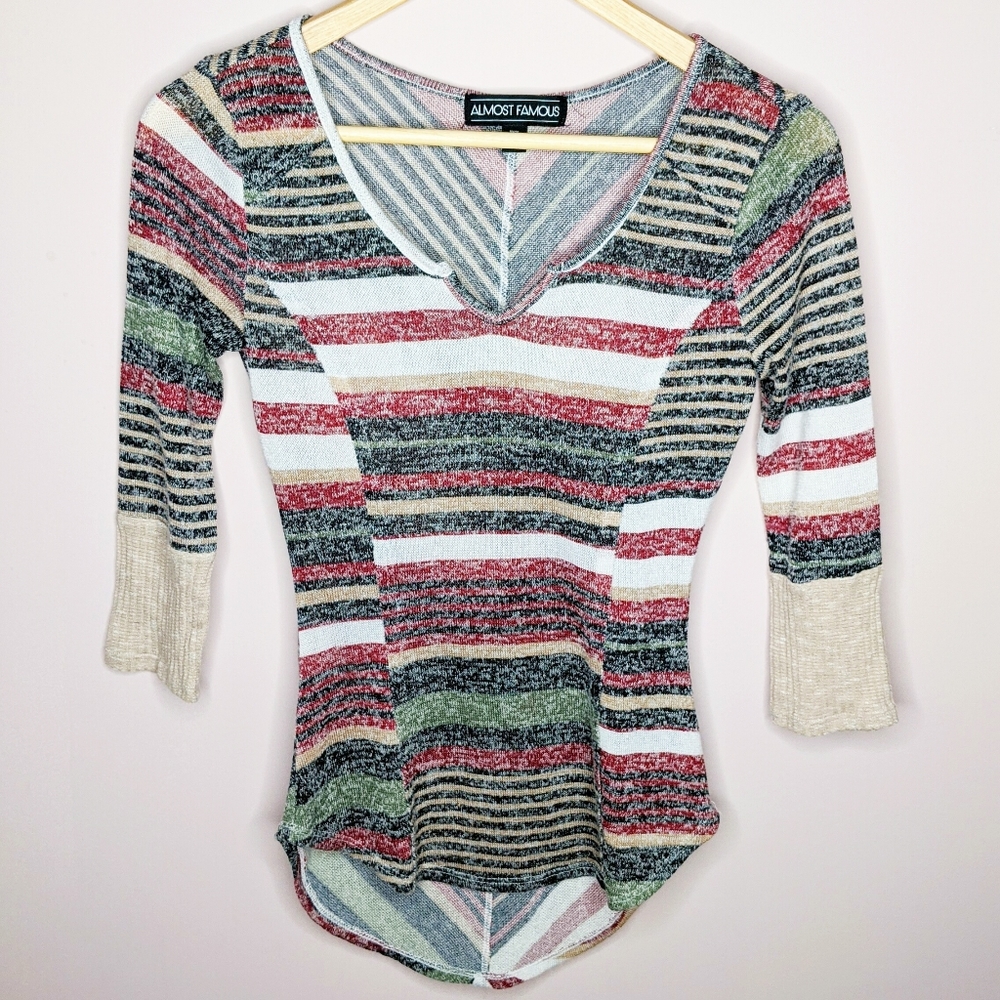 Almost Famous Striped V-Neck 3/4 Sleeve Shirt